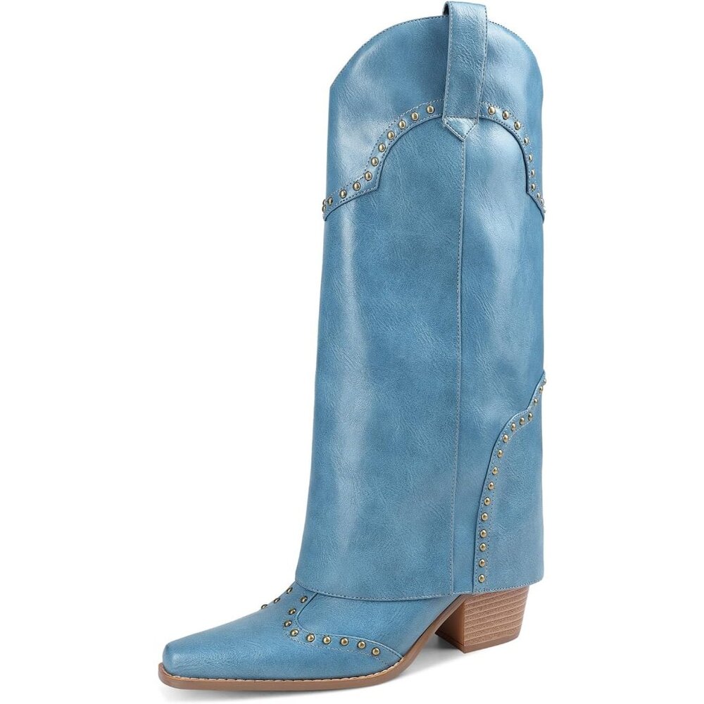 Women's Blue Shark Boots Fold Over Mid Calf Chunky Heel Snip Toe Cowboy